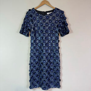 BELLE BADGLEY MISCHKA 3D Floral Appliqué Geometric Sequin Sheath Dress Blue 10